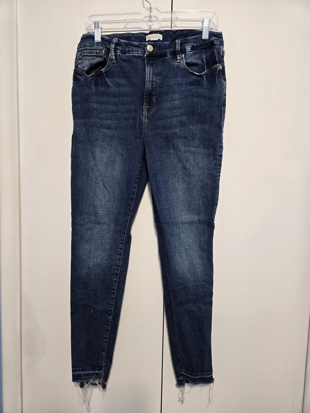 Good American Jeans Women’s 14/32 High Rise Skinny Raw Hem Stretch Blue